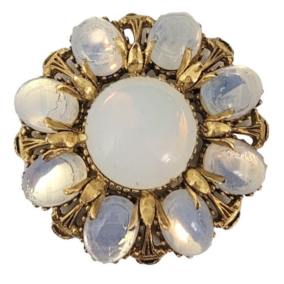 Florenza Round Cluster Gold Tone Moonstone Buff Top Cabochon Rhinestone Brooch